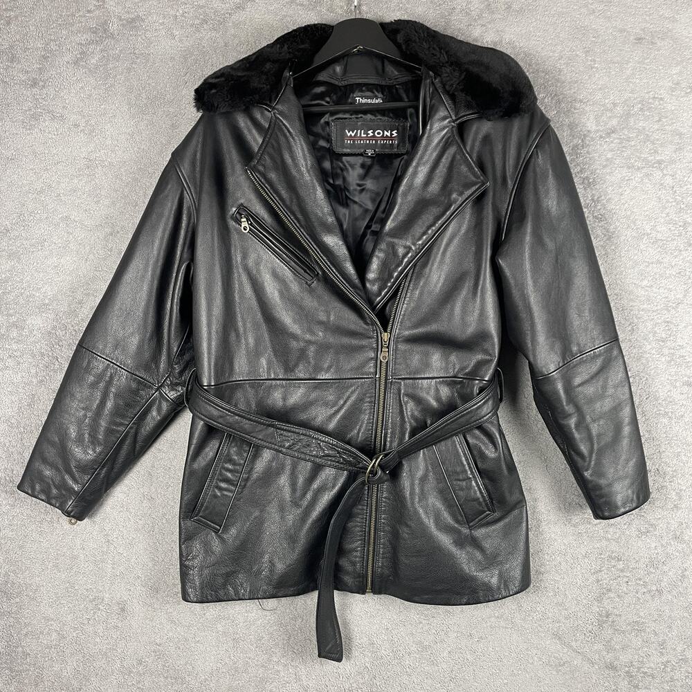 Wilsons Leather Jacket Women Small Black Belted Thinsulate Faux Fur Moto 90s